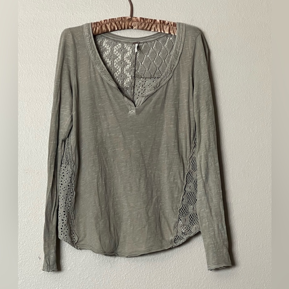 Free People Patchwork Lace Henley Olive Khaki Small cotton top - Picture 5 of 8